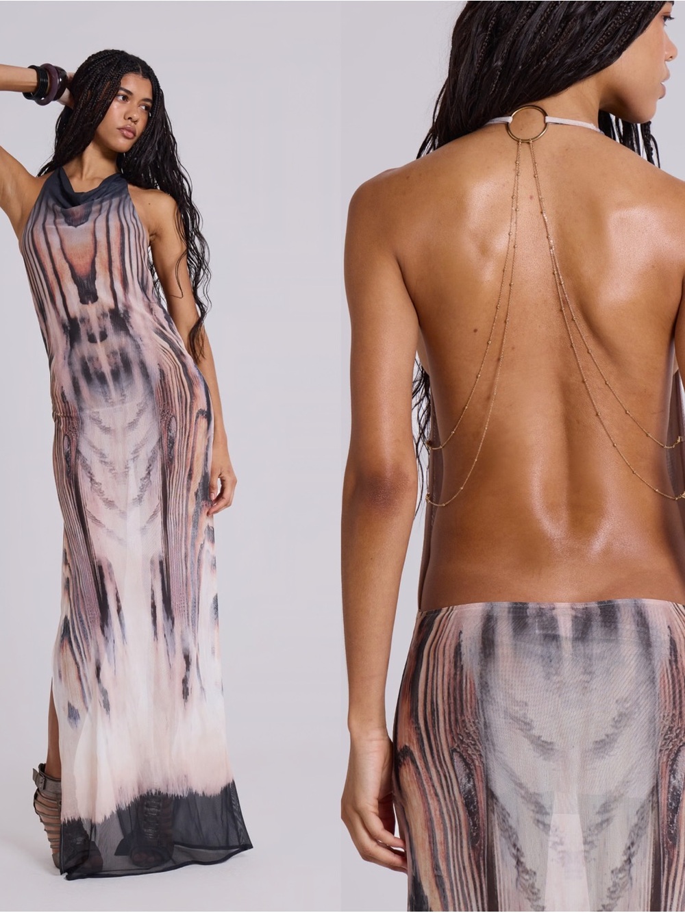 Backless Maxi Halter Dress in Blush and Black